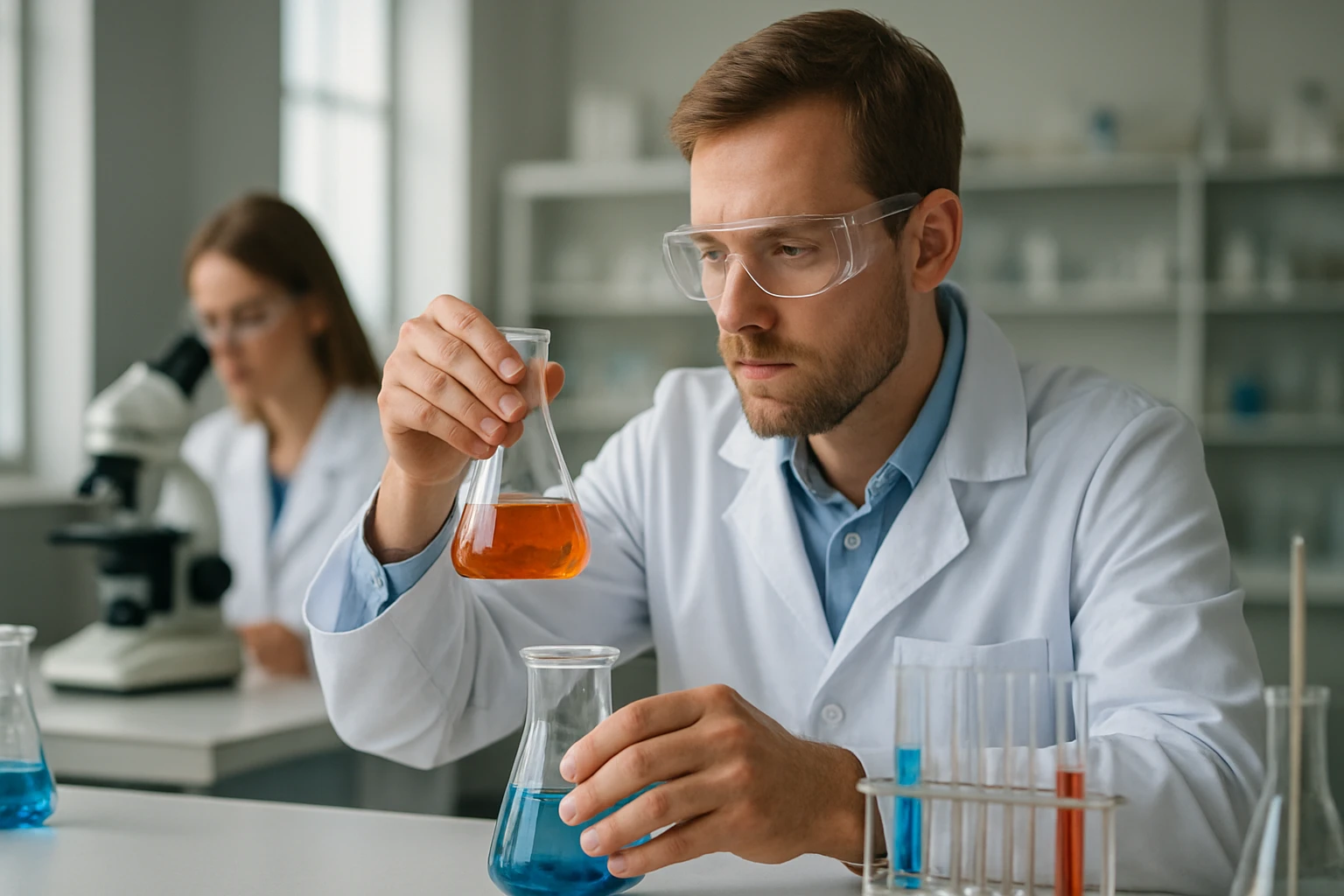 Laboratóriumi kísérlet folyadékokkal kémikus szemüvegben