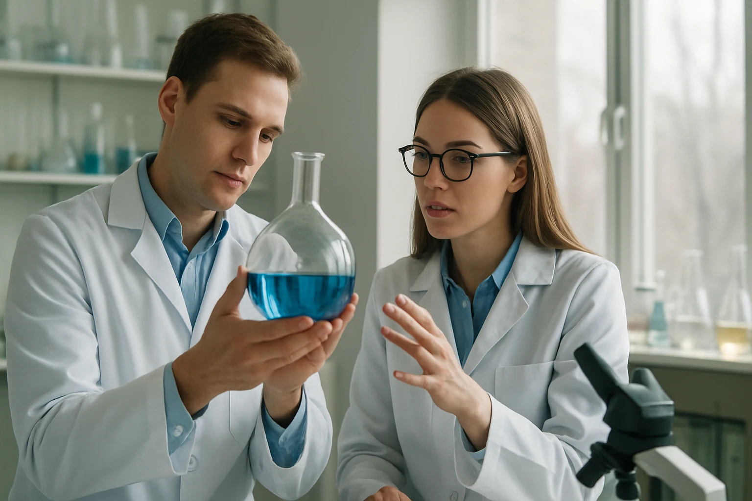 Fenol: A Karbolsav Régi Neve, Tulajdonságai és Felhasználási Területei Két tudós laboratóriumban, tiszta üvegbe zárt kék folyadékkal