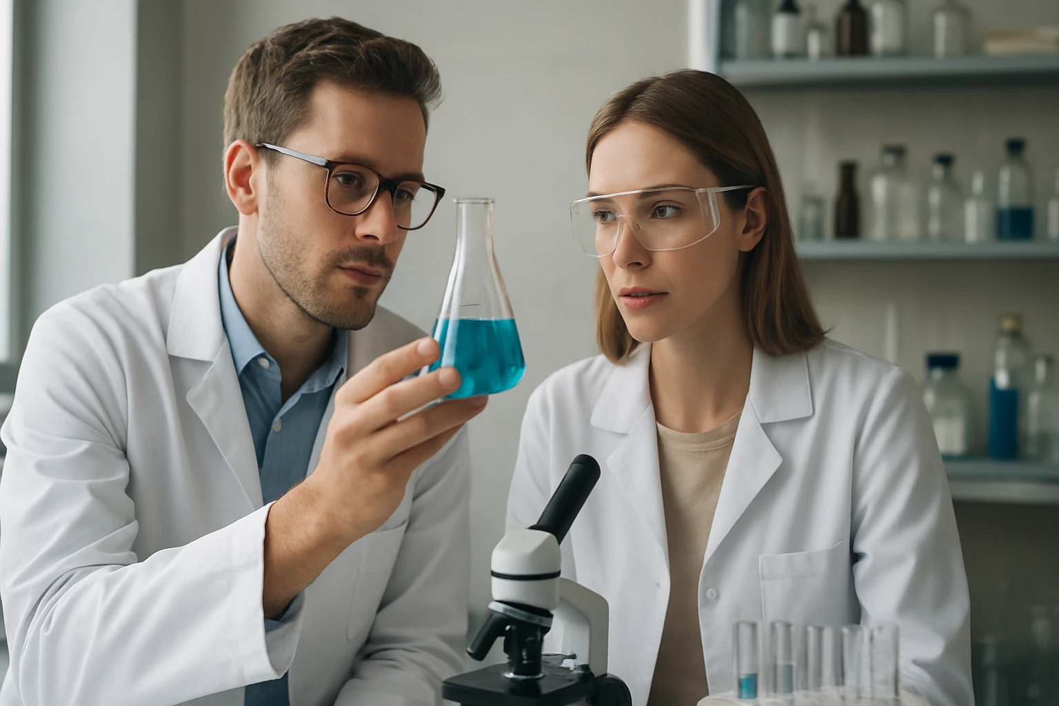 Két tudós laboratóriumban, gyromitrinnel kapcsolatos kísérletet végeznek.