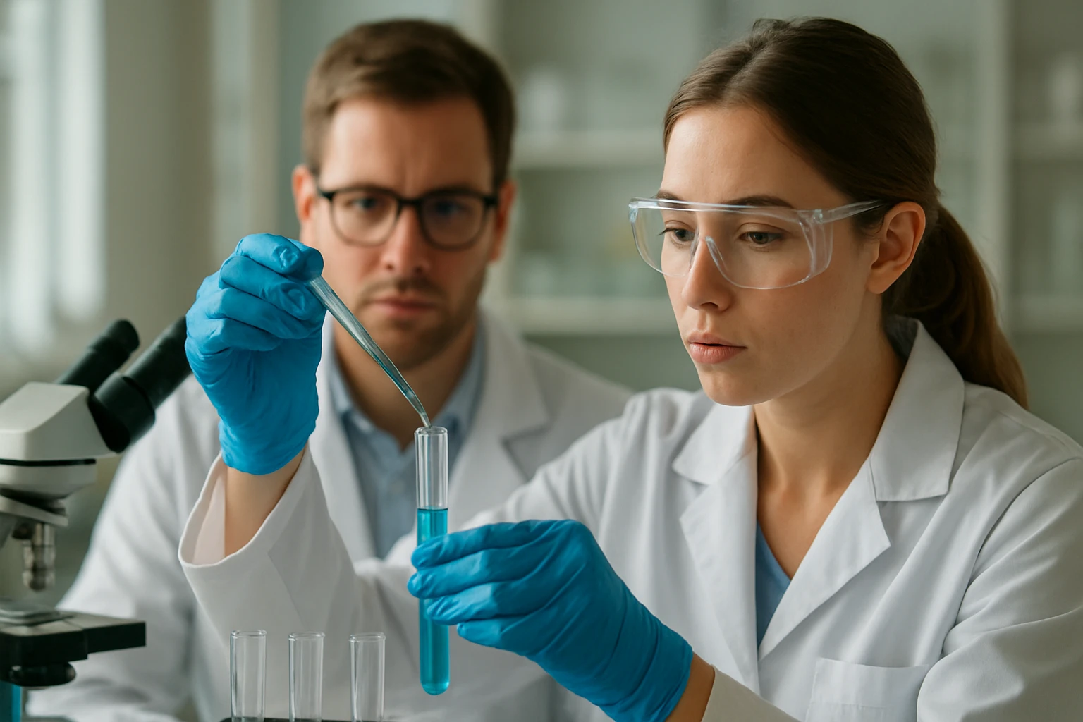 Két kutató laboratóriumi kísérletet végez gyromitrin vizsgálatára.