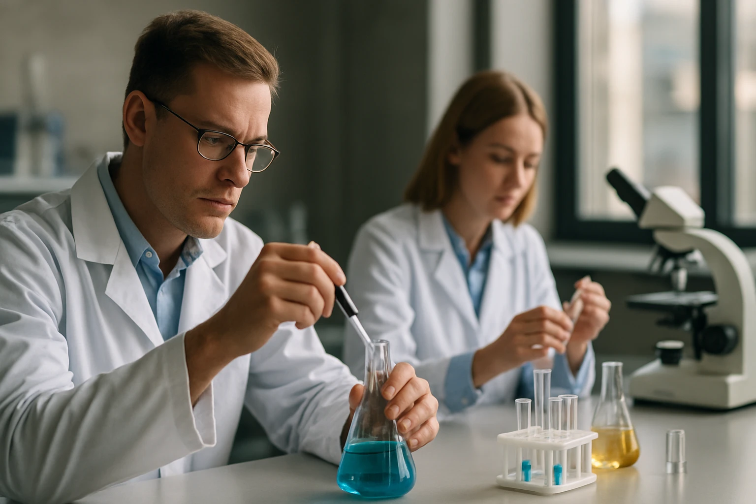 Két szakértő a laborban, kémiai kísérletezés közben, különböző eszközökkel.