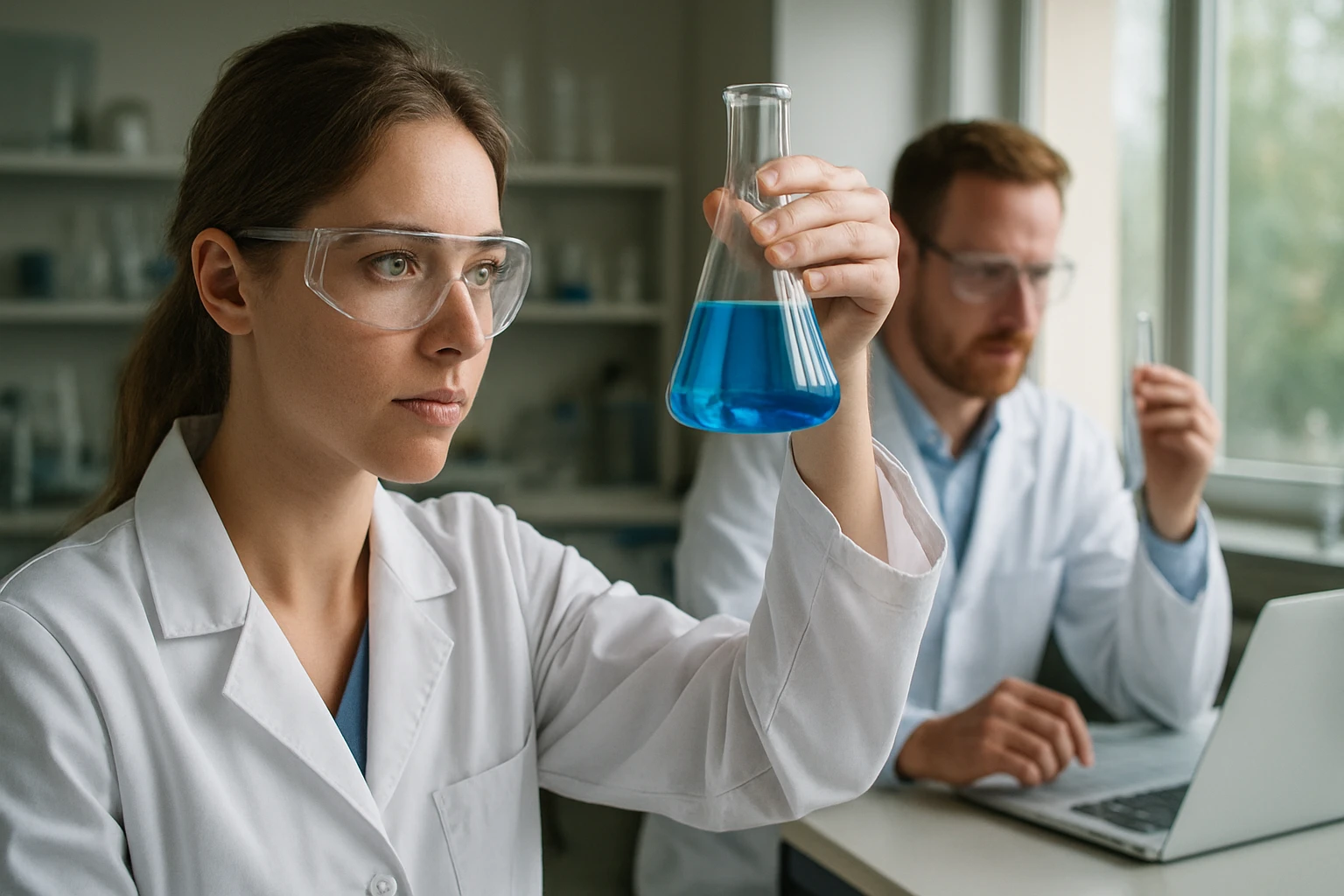 Laboratóriumi dolgozók gyúlékony anyagok vizsgálata közben