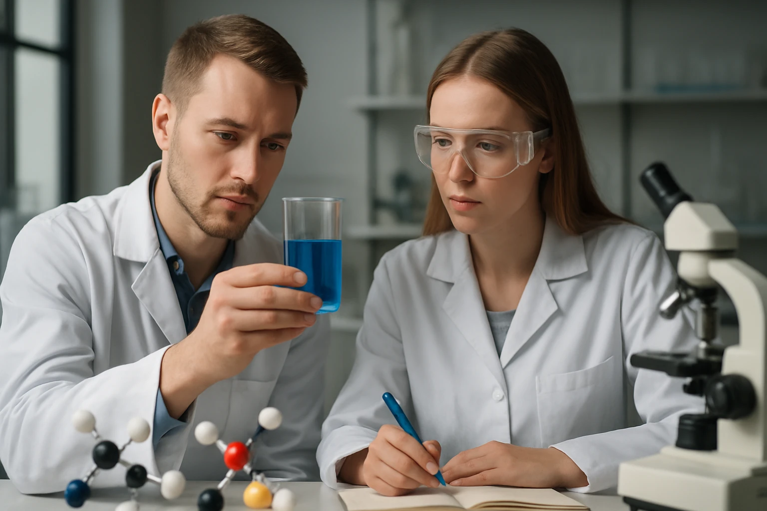 Két tudós laboratóriumban, blue oldatot vizsgálva.