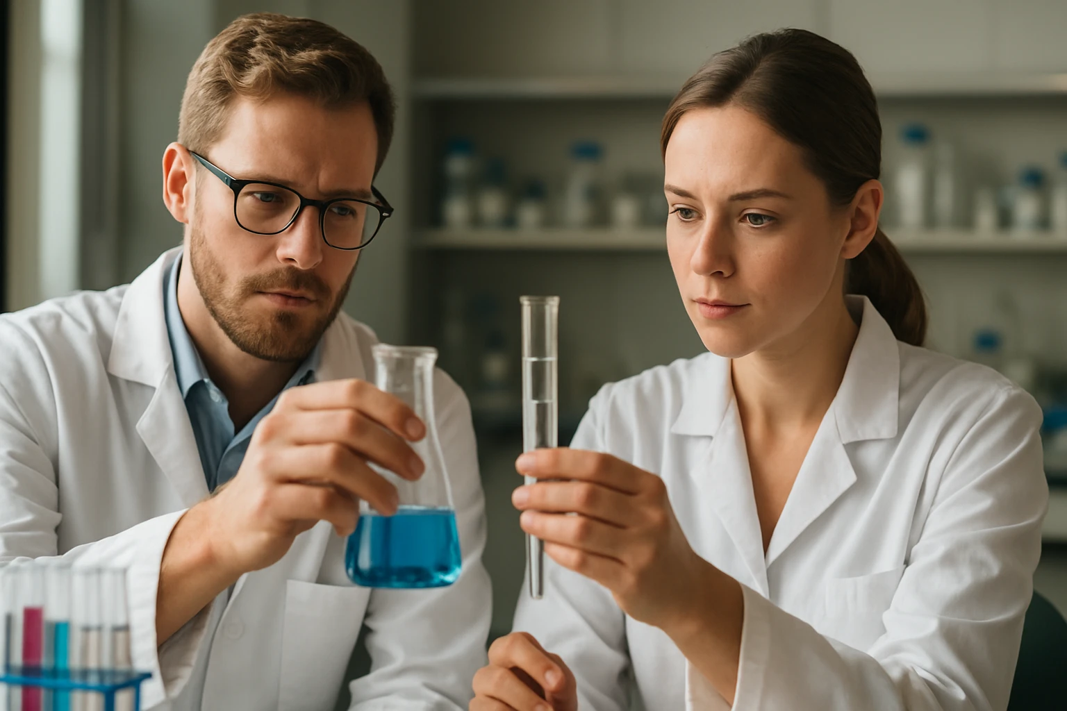 Két kutató laboratóriumi kísérletet végez, gyűrűnyitó metatézis polimerizáció témában.
