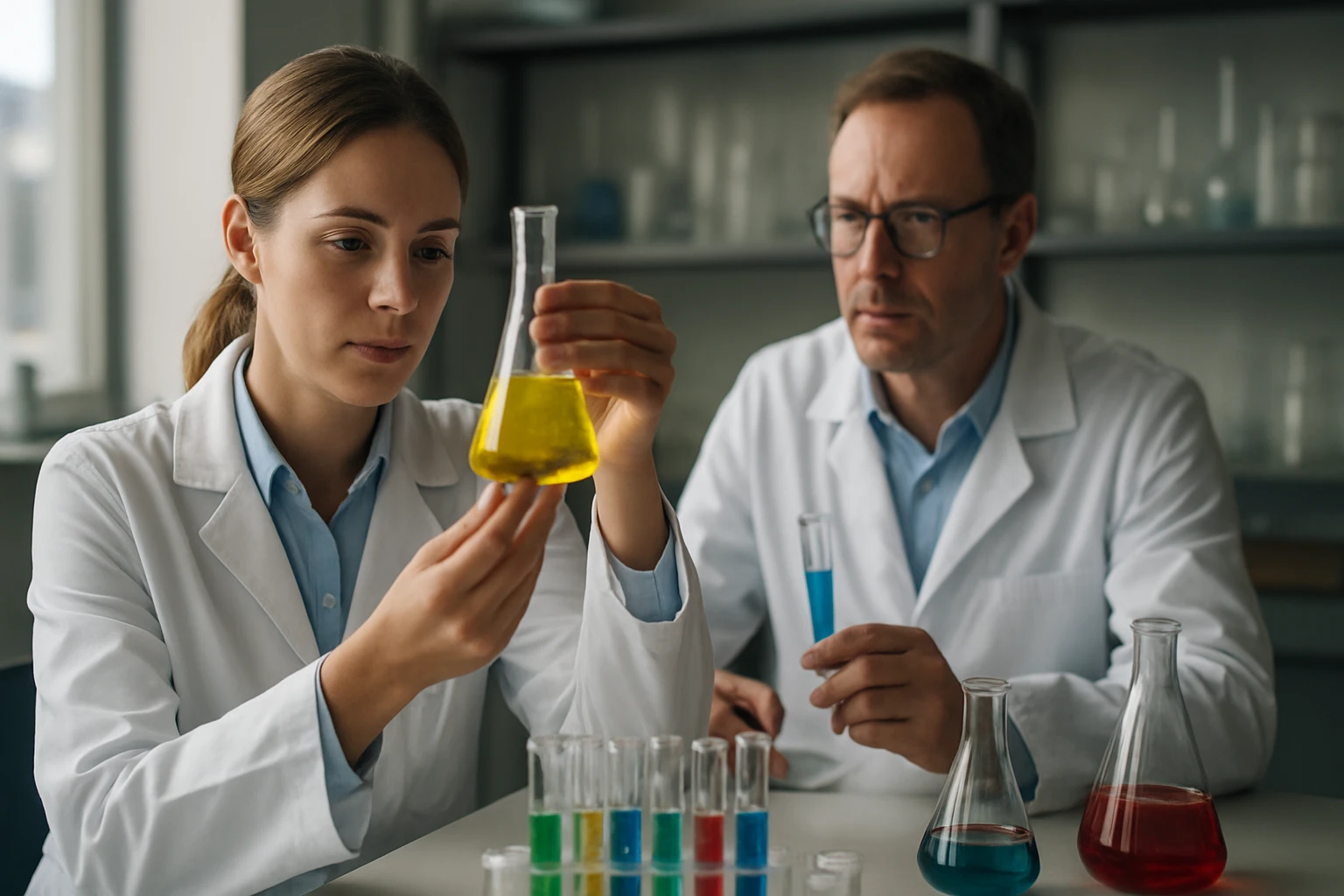 Két tudós színes vegyszerek elemzése laboratóriumban.