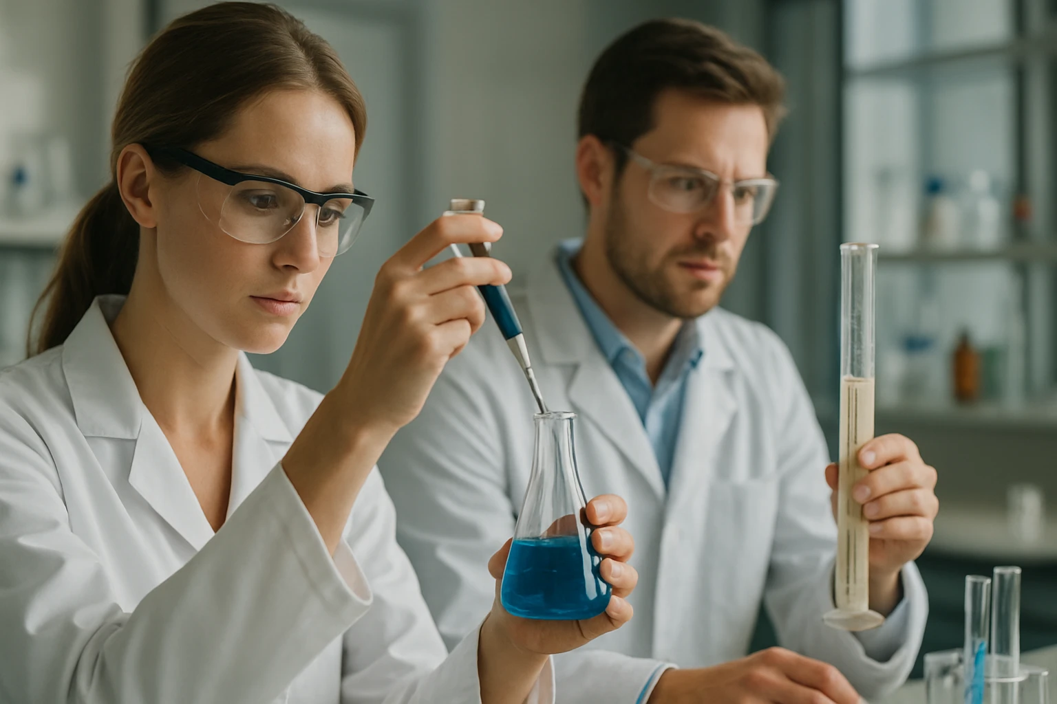 Két kémikus laboratóriumban, kémiai reakciót tanulmányoznak.