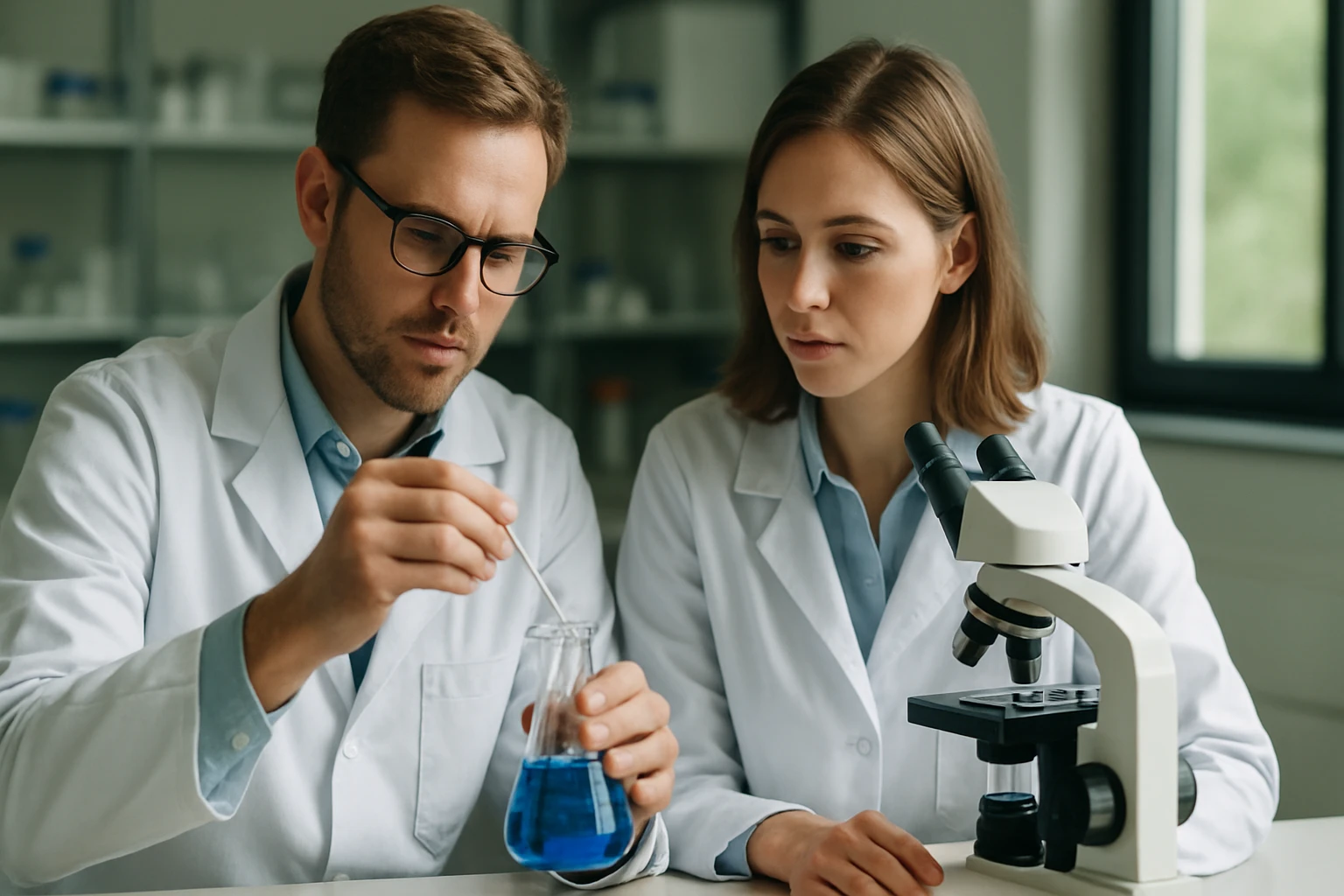 Két tudós a laboratóriumban ammóniával végzett kémiai kísérletet mutat be.