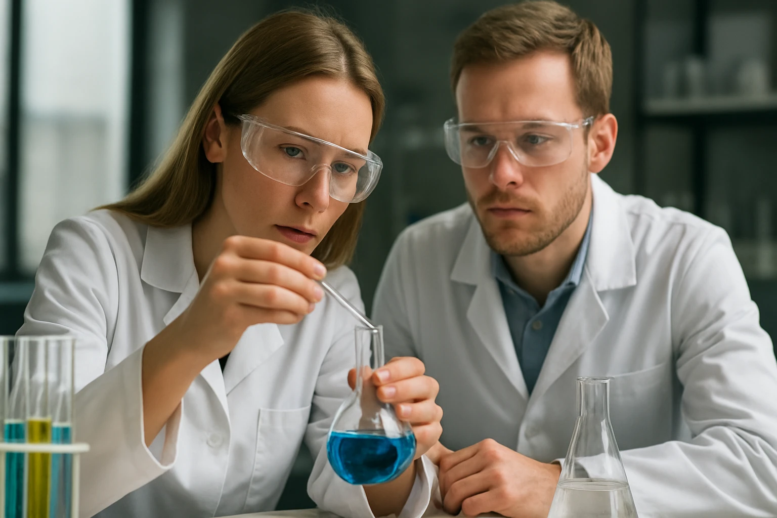 Két kémikus laboratóriumban dolgozik kémiai kísérlet közben.