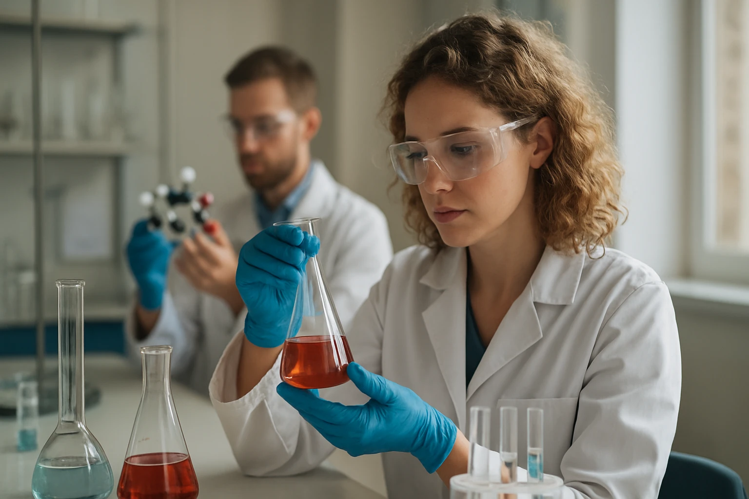 Kémiai laboratóriumi munka: egy nő vegyületeket elemzi.