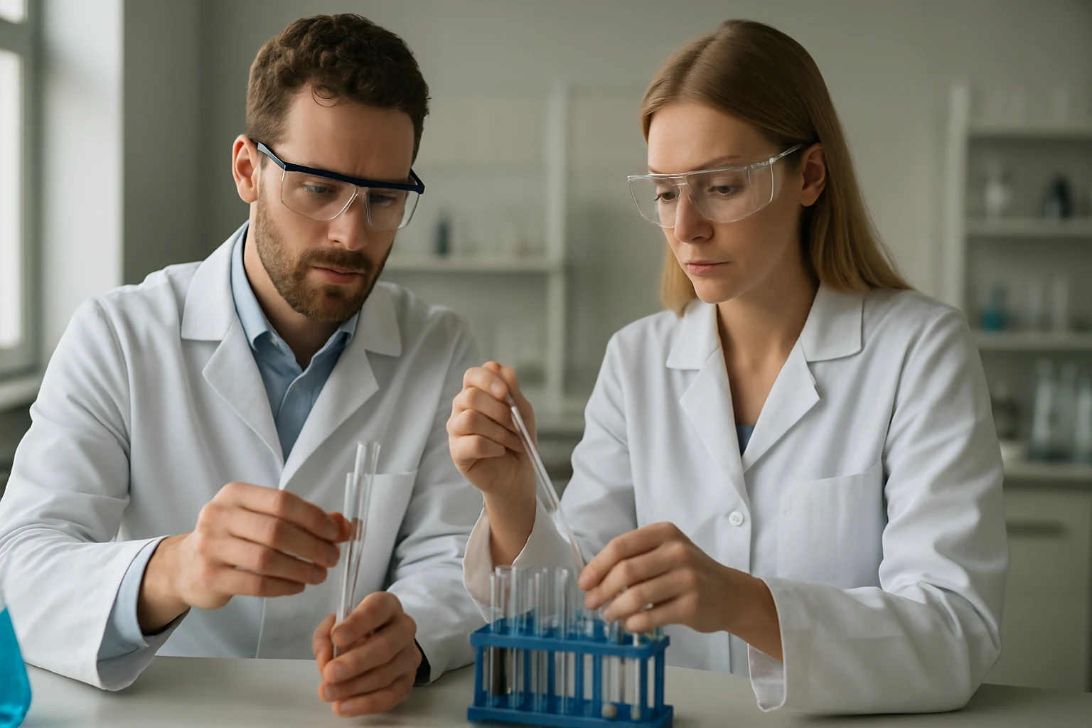 Két kutató, akik habstabilizátorokkal végzik a kísérleteket laboratóriumban.