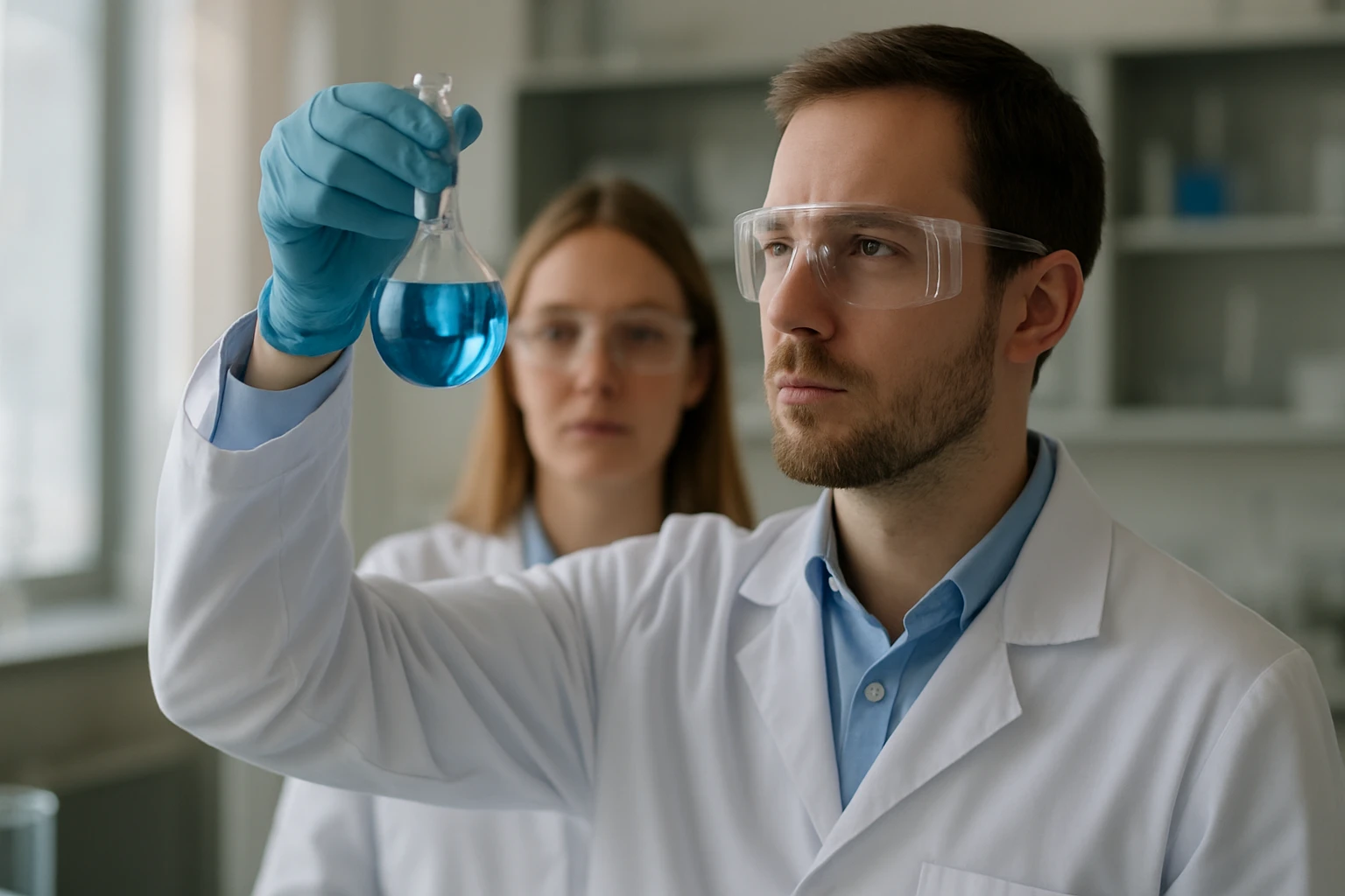 Két kutató laboratóriumban, kék folyadékkal teli kémcsővel.