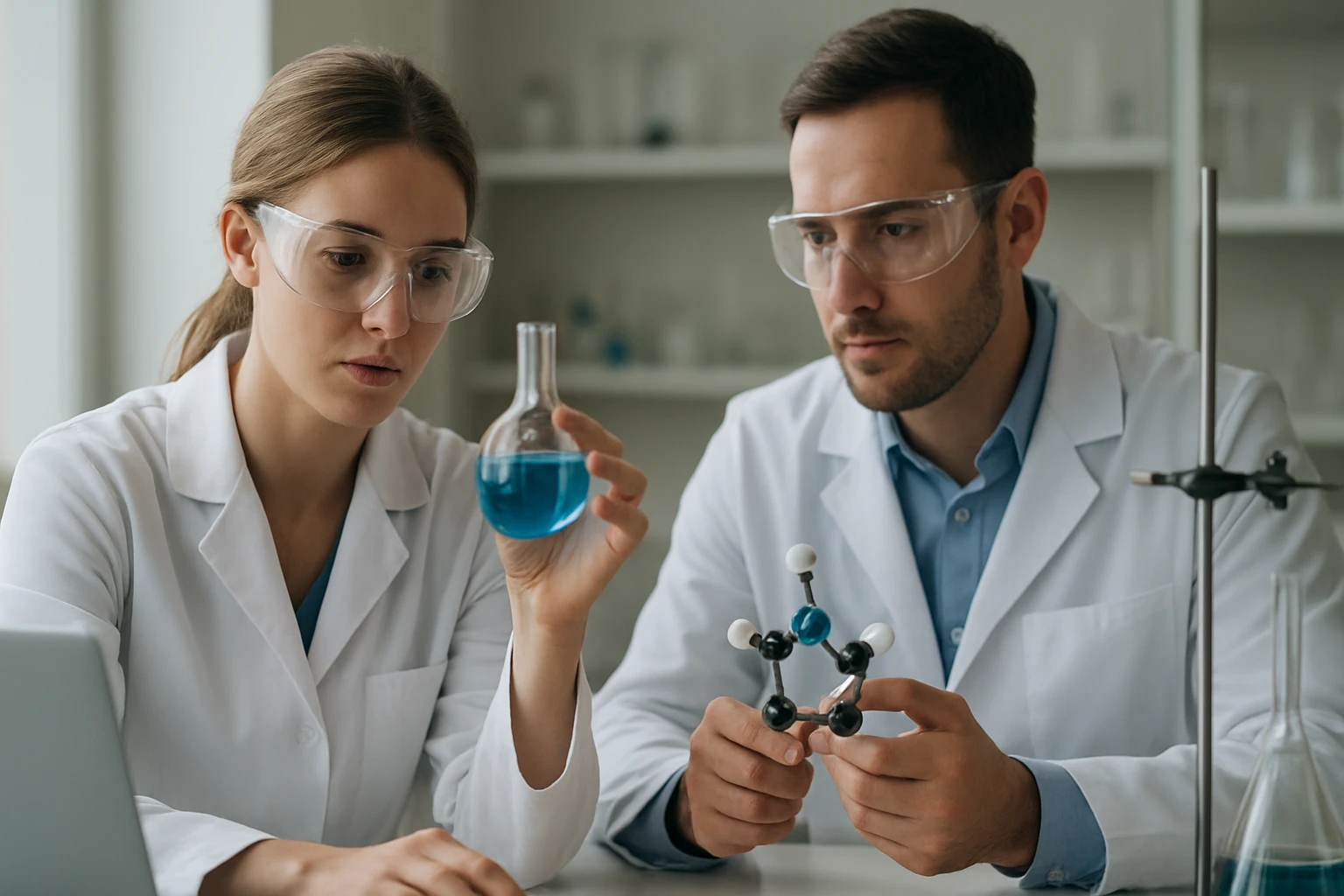 Két tudós laboratóriumban kémiai kísérletezést végez