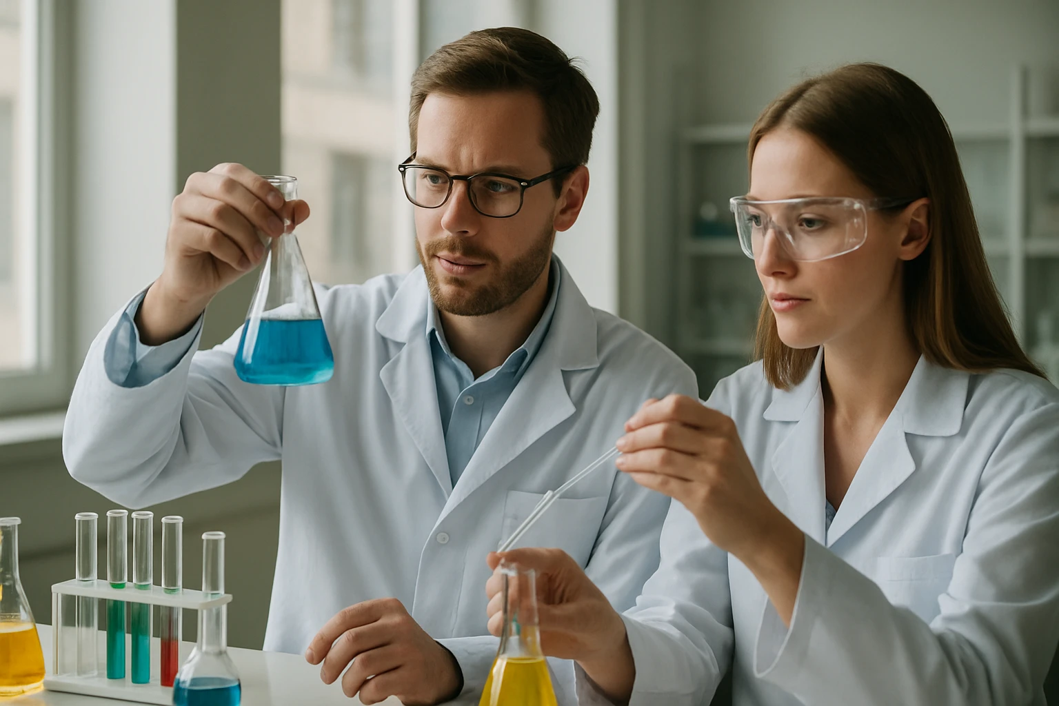 Két kutató különböző színű folyadékokat vizsgál laboratóriumban.