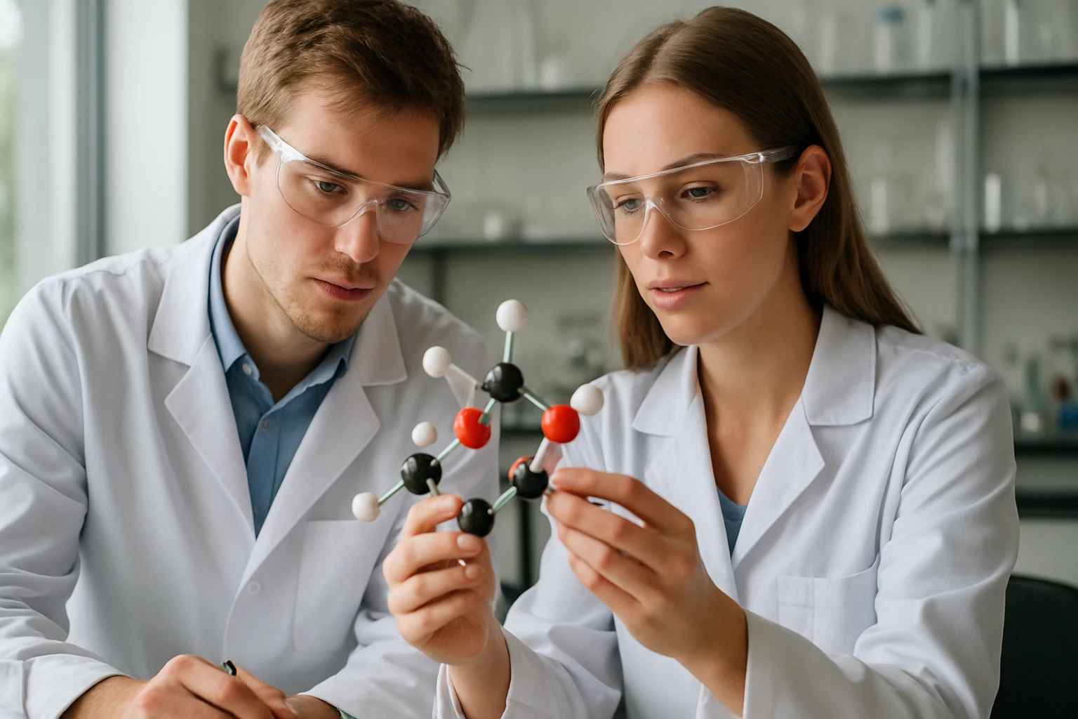 Két kutató a halényv molekula modellezésén dolgozik laboratóriumban.