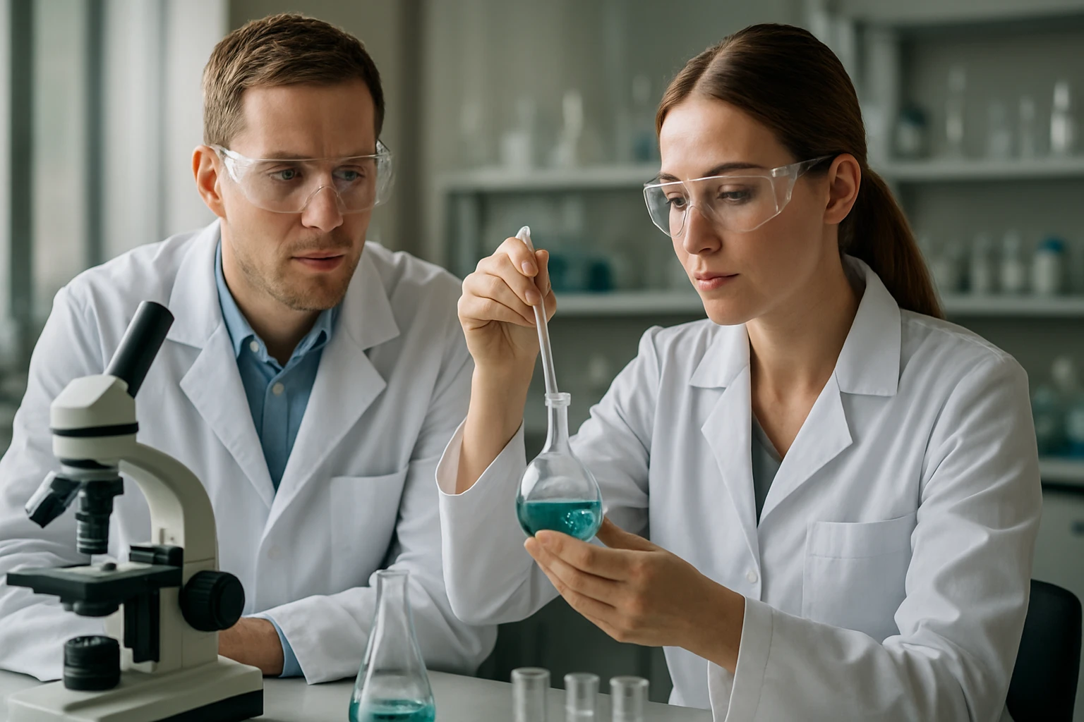 Két kutató laboratóriumi kísérletet végez, miközben halidokat vizsgálnak.