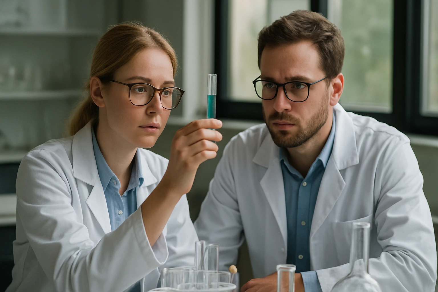 Halogén-hidridek: Képleteik, tulajdonságaik és sav-bázis reakcióik áttekintése Két kémikus laboratóriumban halogén-hidridekkel foglalkozva.