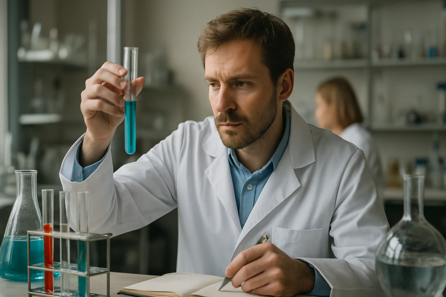 Tudós laboratóriumban kémiai kísérletet végez