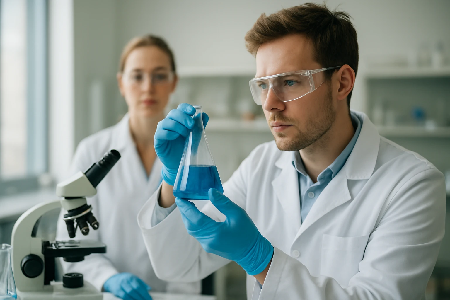Két kémikus laboratóriumban halogénezett alkánokat vizsgálva