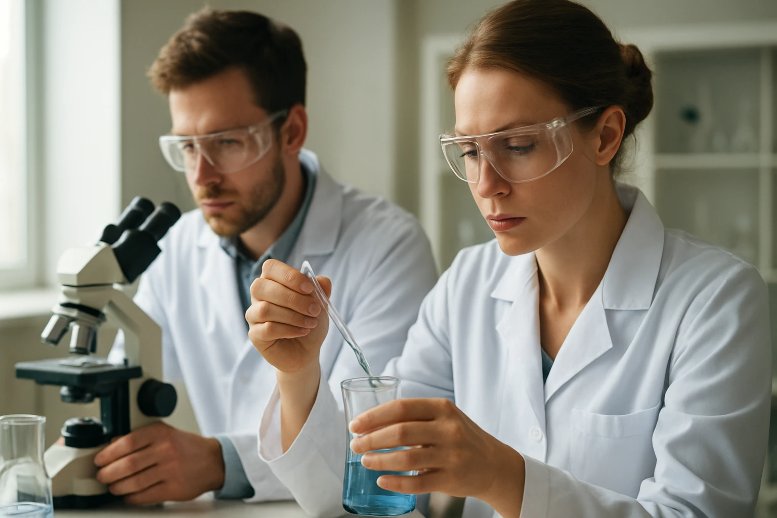 Kutatók laboratóriumban, kálium-karbonát előállítása kísérlet