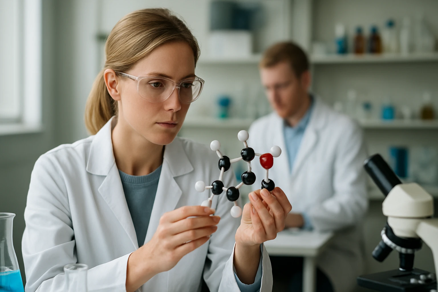 Kémikus hangyasav molekulát elemez laboratóriumban.