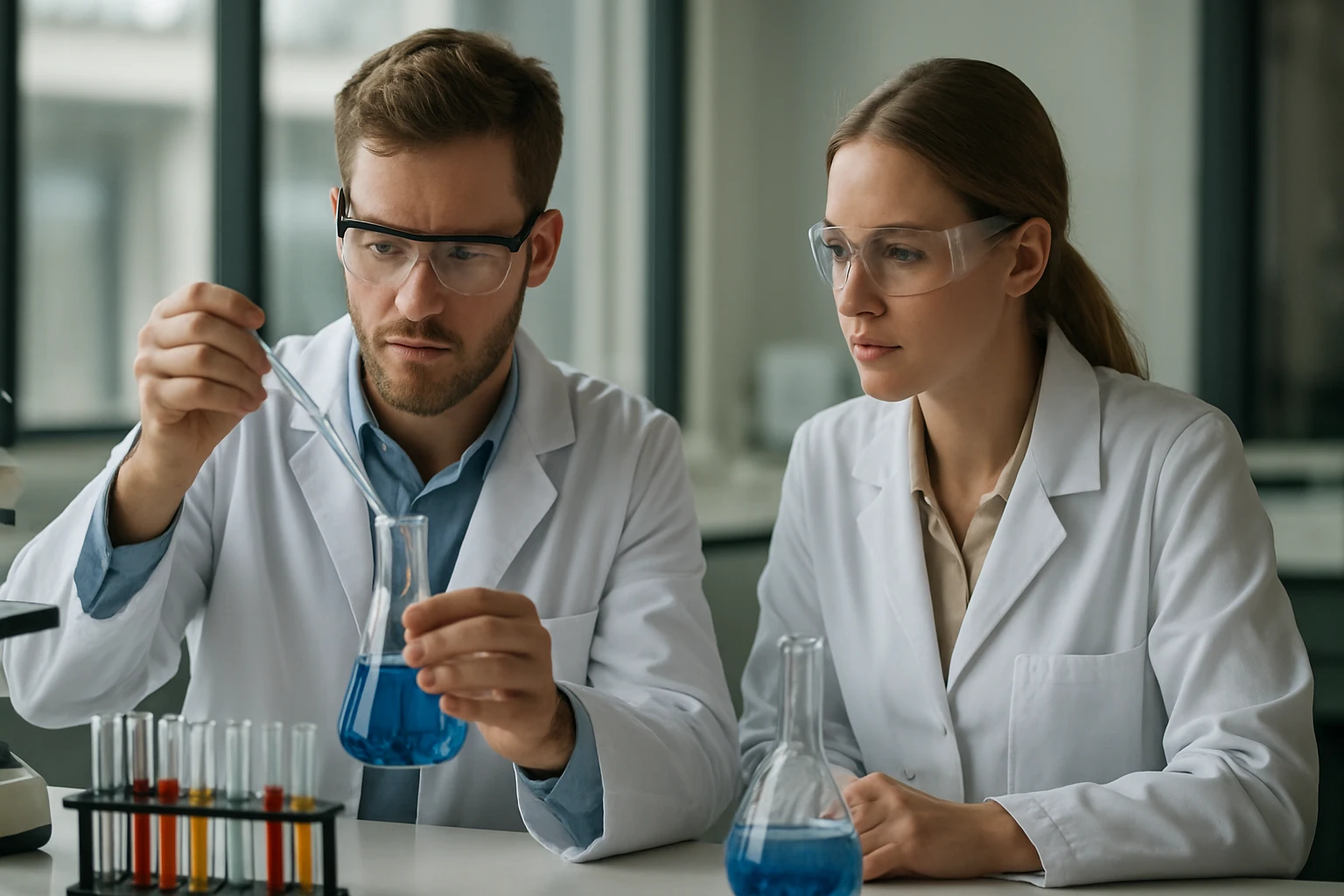Két kutató laboratóriumban, kémiai kísérletet végezve