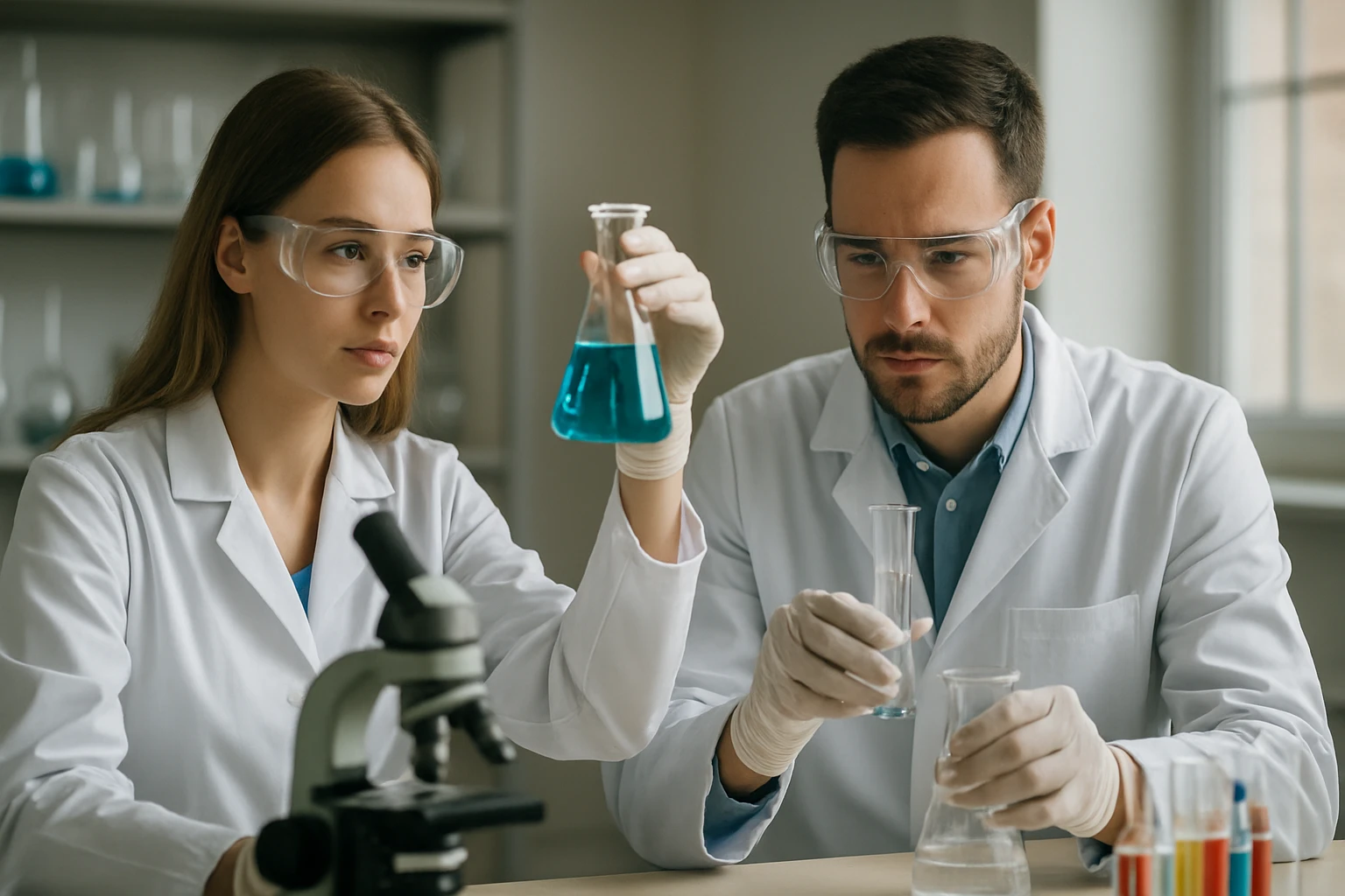 Két kutató laboratóriumban kémiai anyagokat vizsgál, hárombázisú savak tanulmányozása.