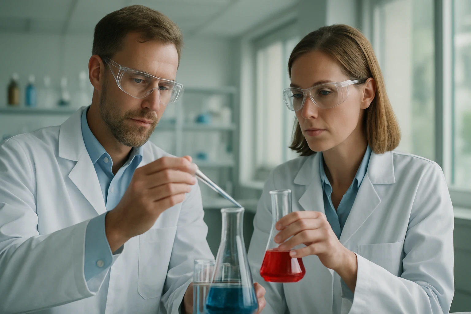 Két tudós kémiai kísérleteket végez laboratóriumban, vizes oldatokkal.