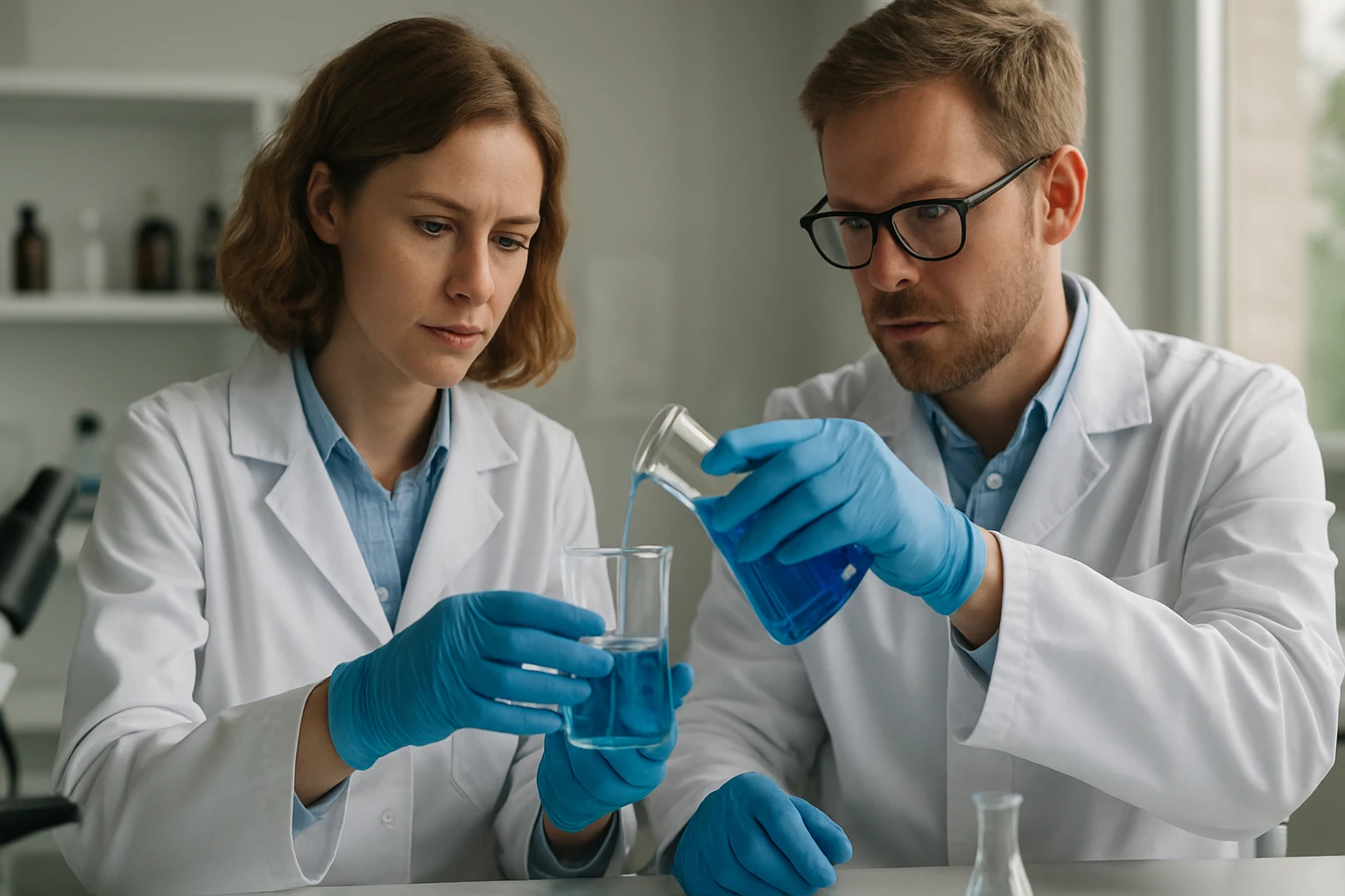 Háromnyakú lombik: a laboratóriumi üvegedény szerepe és alkalmazási területei Két tudós kémiai kísérletet végez háromnyakú lombikkal