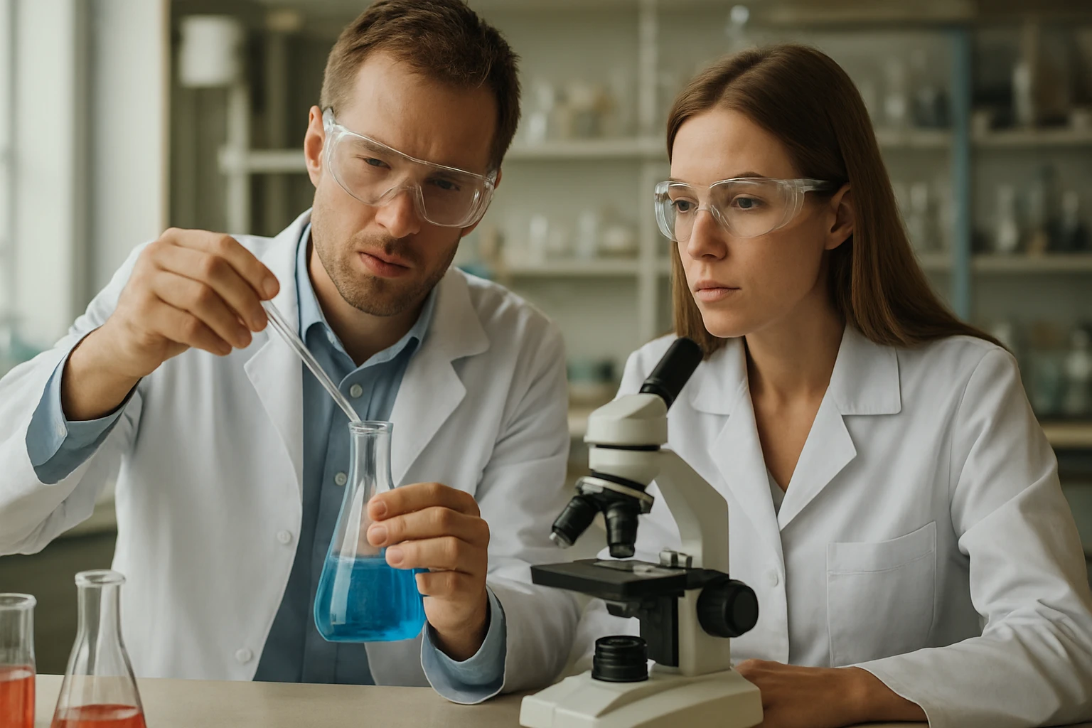 A Hartree-Fock elmélet: A kvantumkémiában alkalmazott alapvető közelítő módszer Két kutató kémiai kísérlet során, laboratóriumban.