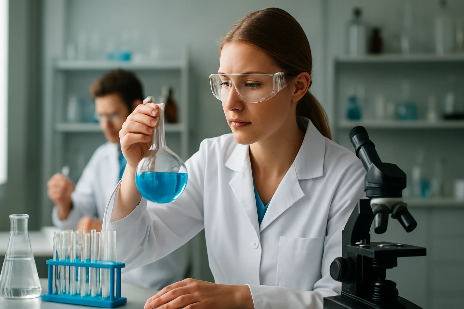 Kémikus laboratóriumban kék folyadékot vizsgálva