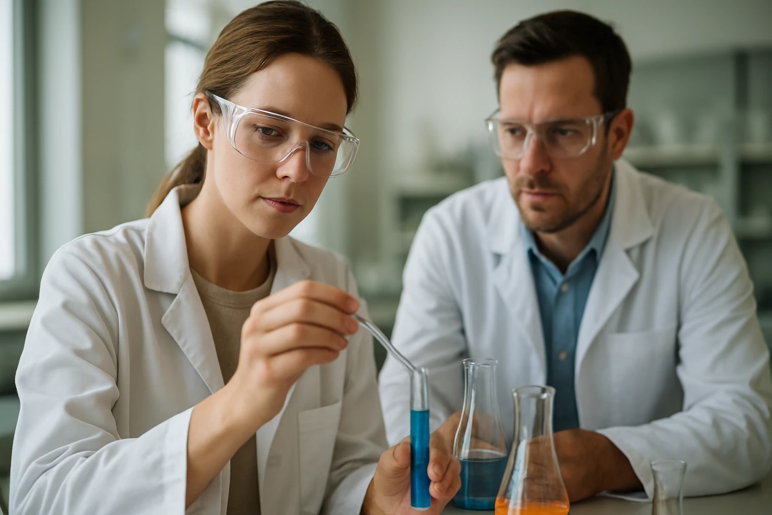 Kutatók elemzik a tisztítószerek összetételét laboratóriumi környezetben.