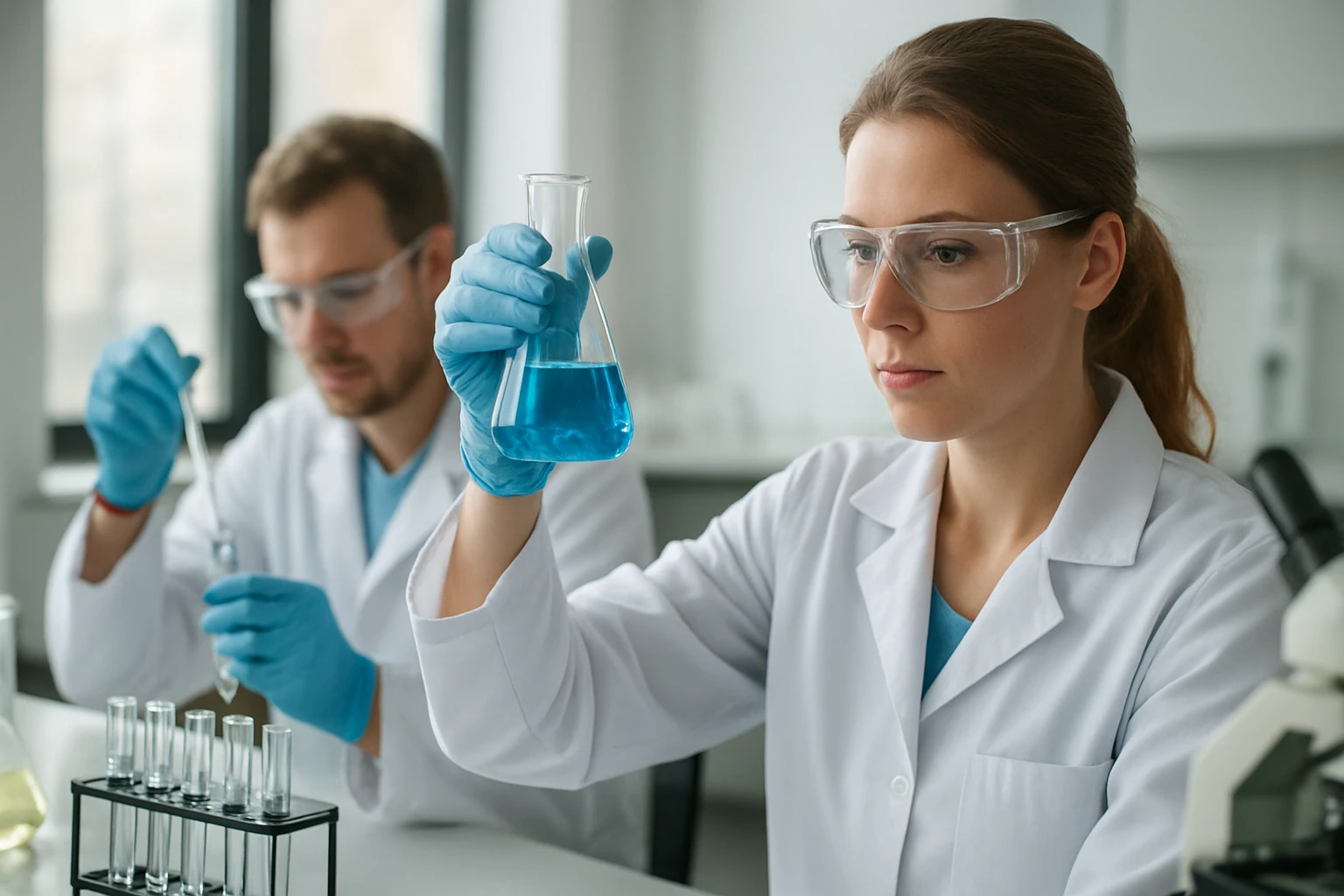 Két kémikus laboratóriumban kék folyadékkal végzi a kísérletet.