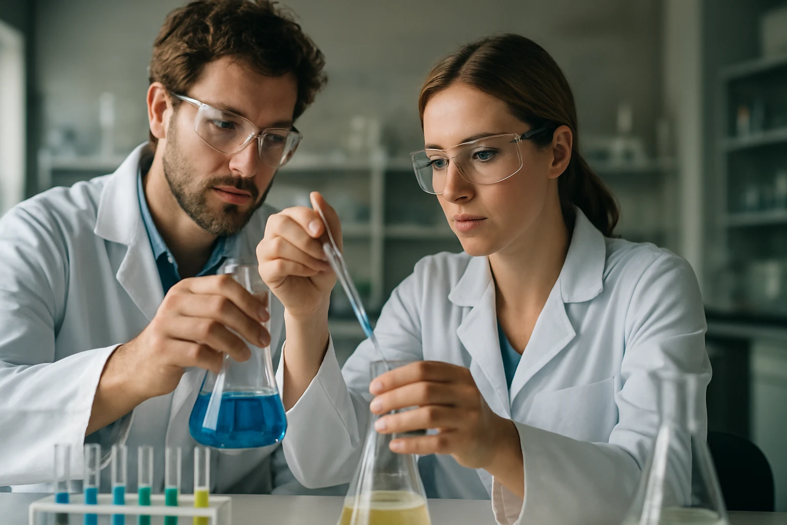 Két vegyész laboratóriumban kémiai reakciót végeznek