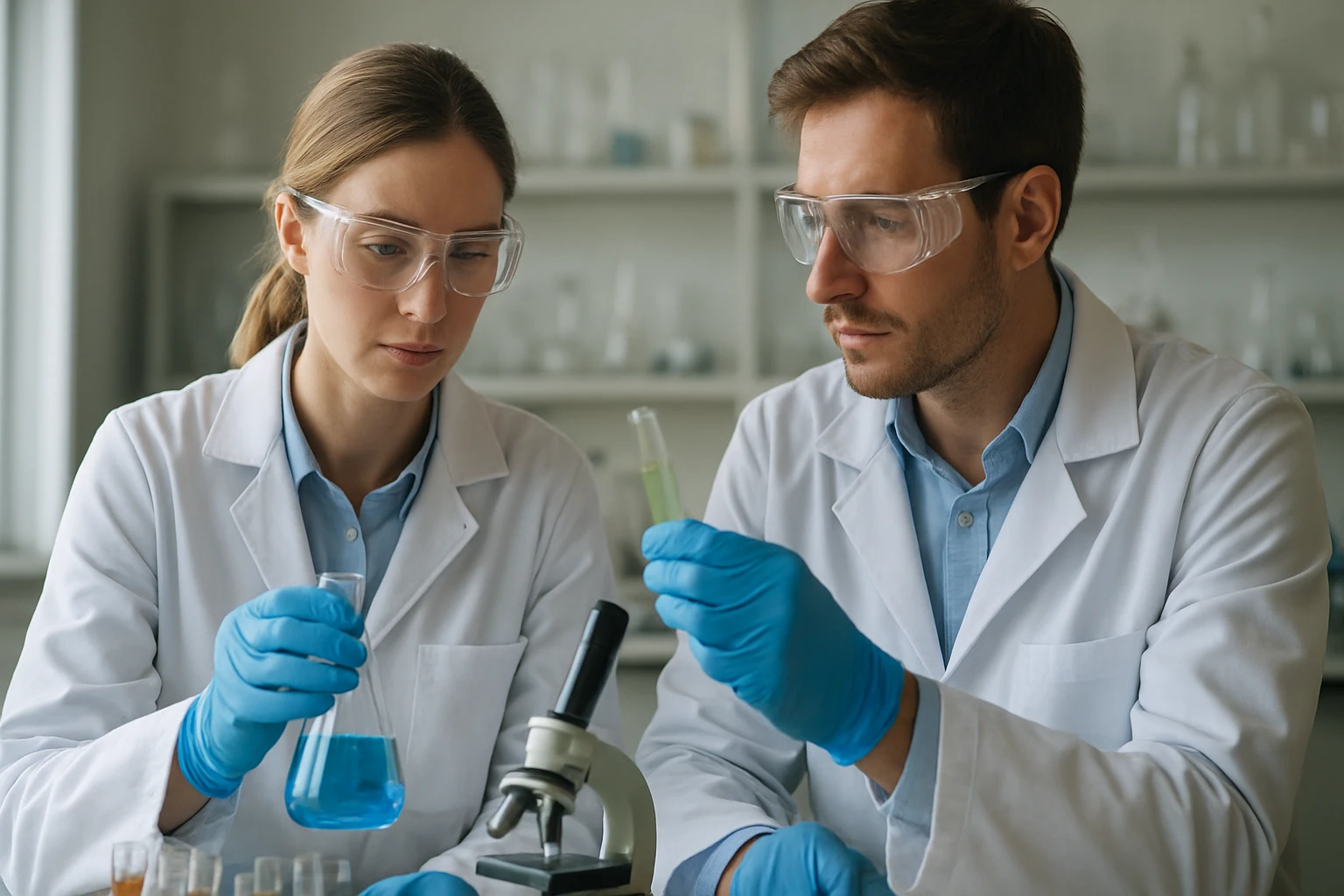 Két kémikus kísérletezése laboratóriumban Henry Dalton törvényével