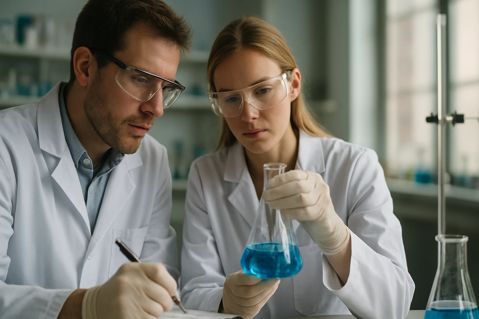 Két tudós laboratóriumban, akik gázok oldhatóságát kutatják.