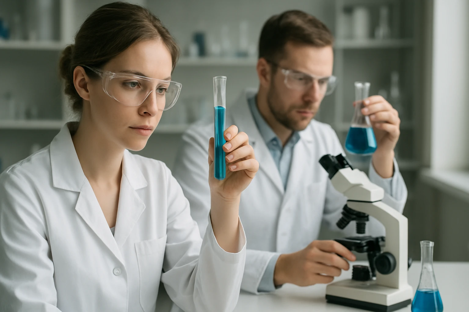 Két tudós laboratóriumban, kémiai reakciókat vizsgálnak.