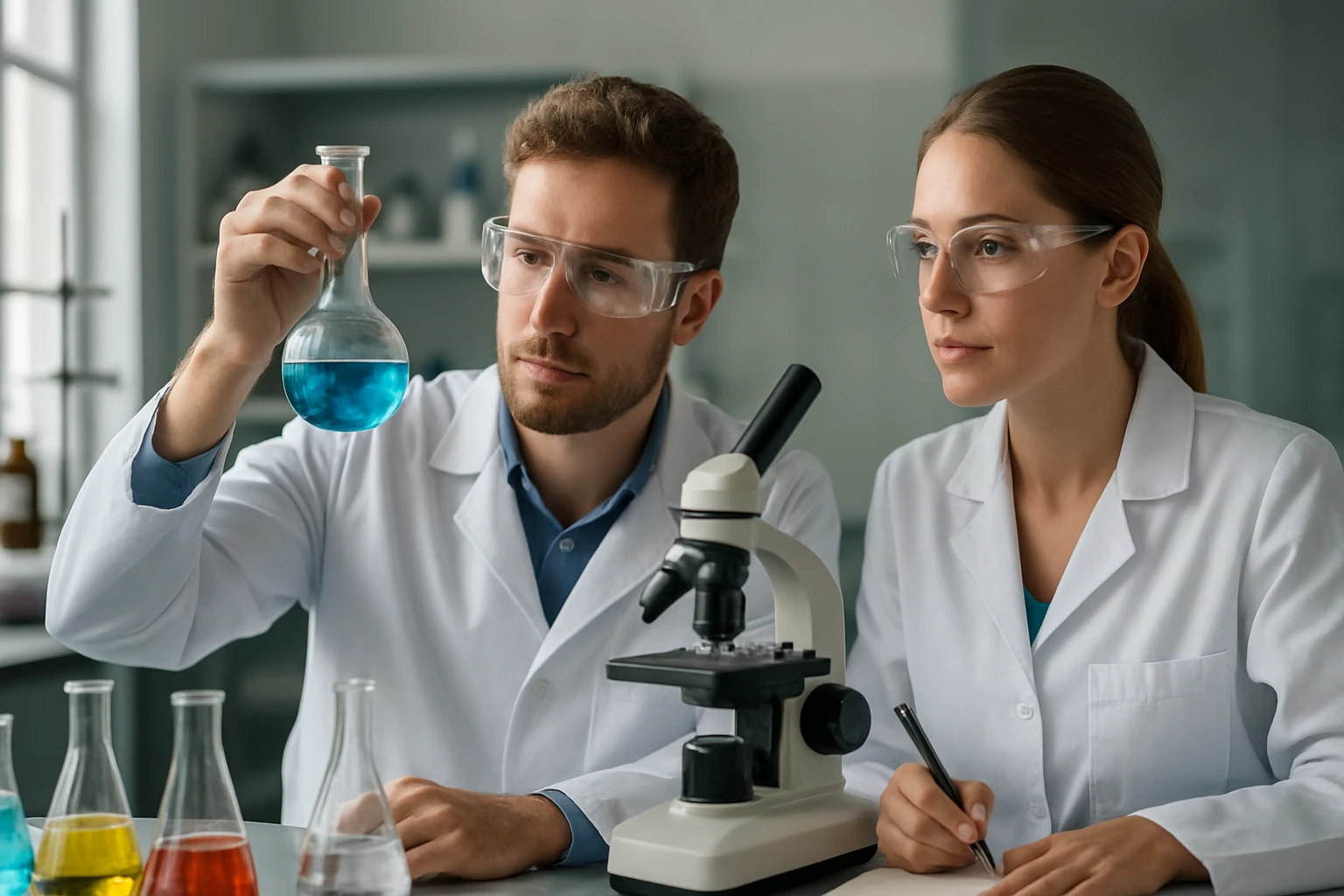 Két kémikus laboratóriumban, kék folyadékot vizsgálva