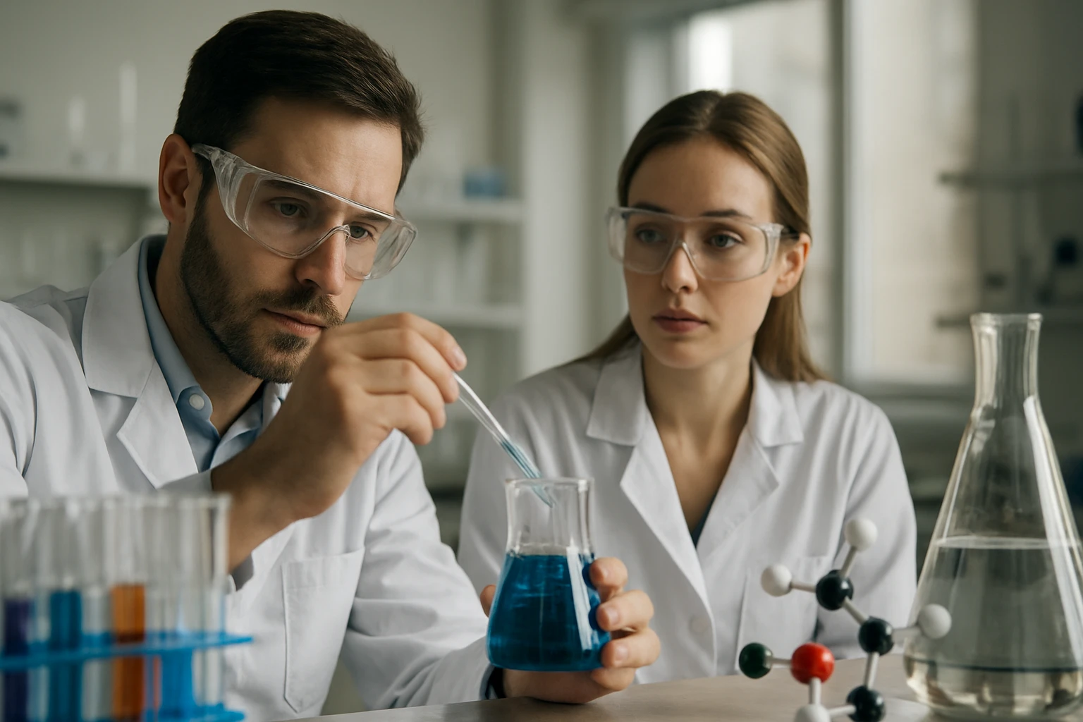 Két kémikus laboratóriumban, akik egy reakciót tanulmányoznak.