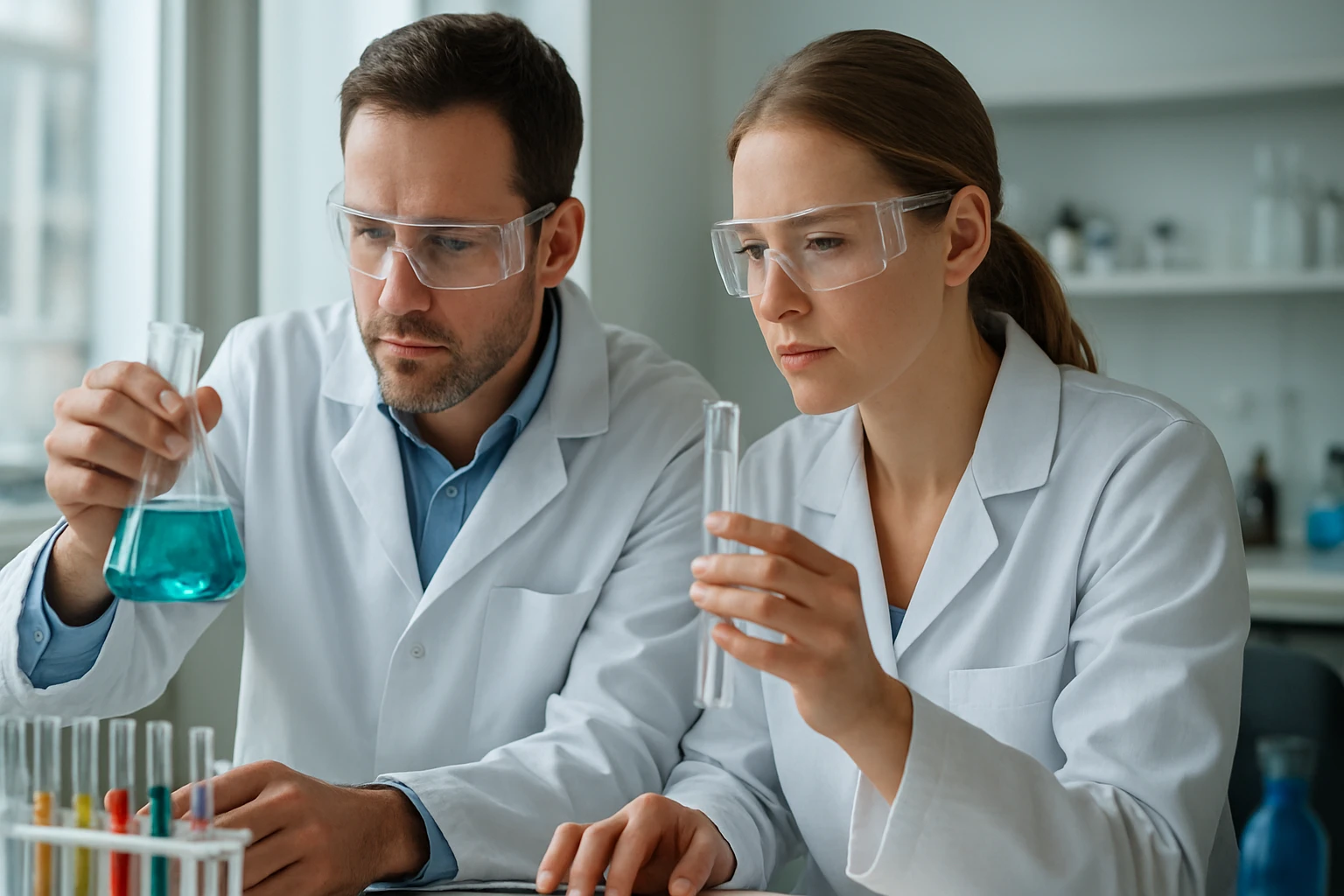 A heterogén fogalom jelentése: nem egységes összetételű rendszerek bemutatása Két tudós laboratóriumban, különböző anyagokat vizsgálnak kémiai kísérletekhez.