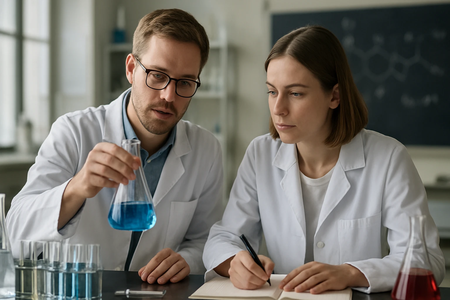 Két kutató laboratóriumban, heterogén katalízis kísérlet során.