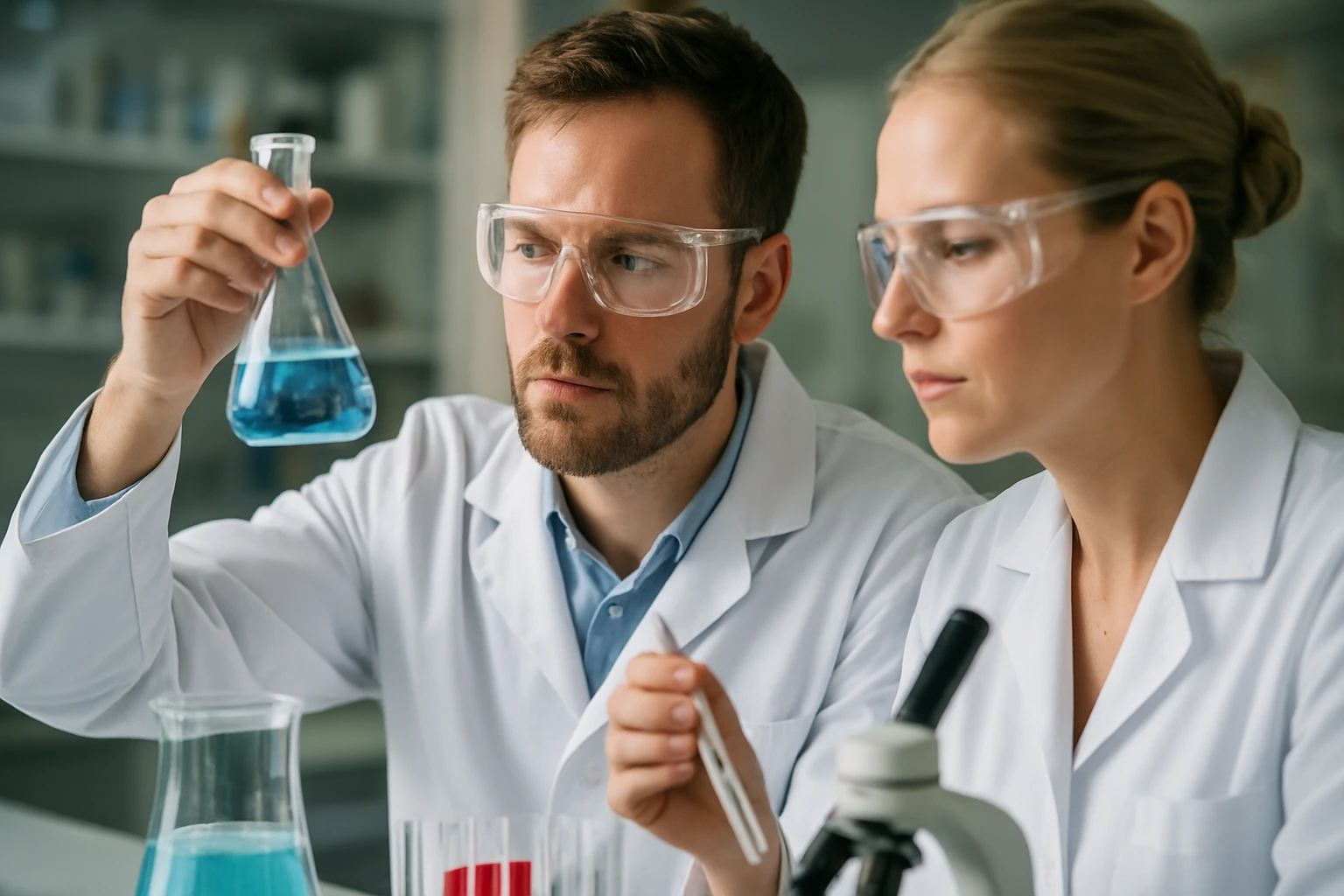 Két kutató vizsgál egy kémcsőben lévő kék folyadékot laboratóriumban.