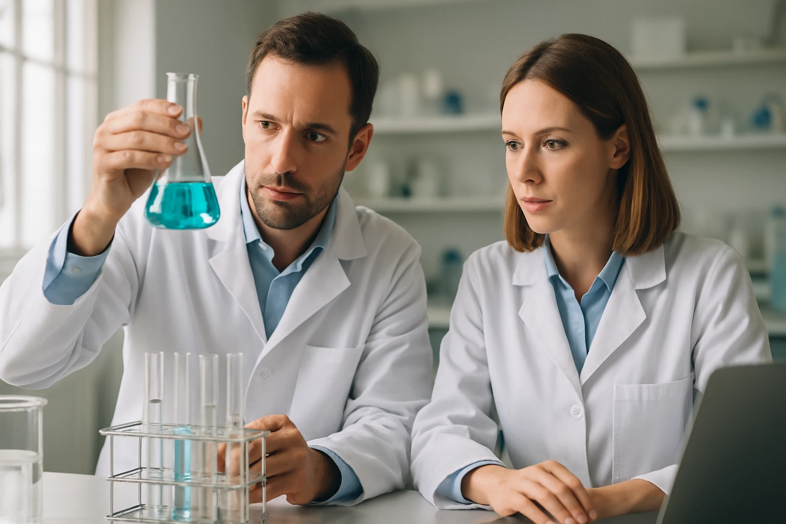 Kémikusok laboratóriumban, hexaklór-ciklohexán vizsgálata.