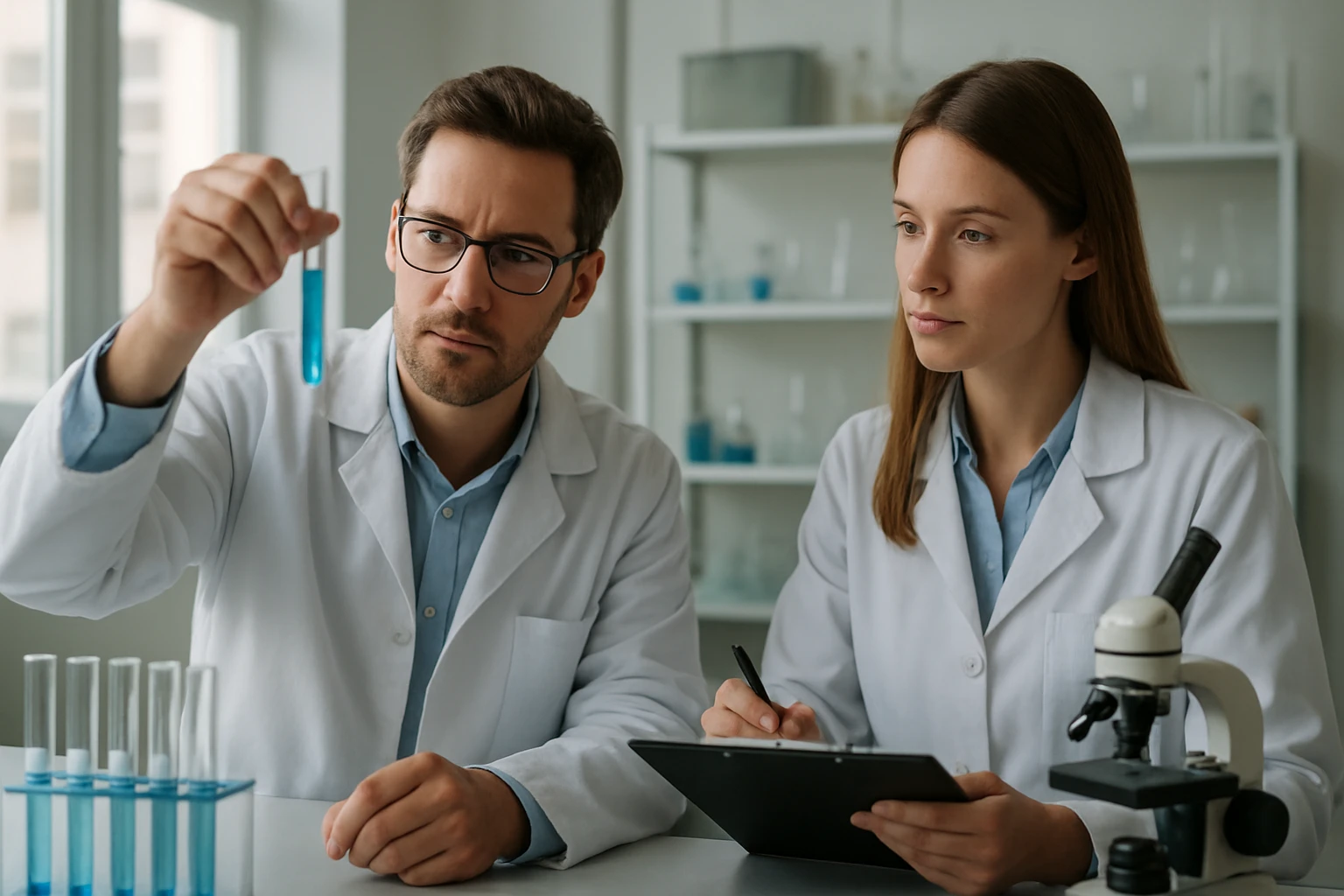 Két kutató a hexaklór-platina(IV)-sav vizsgálatán dolgozik.