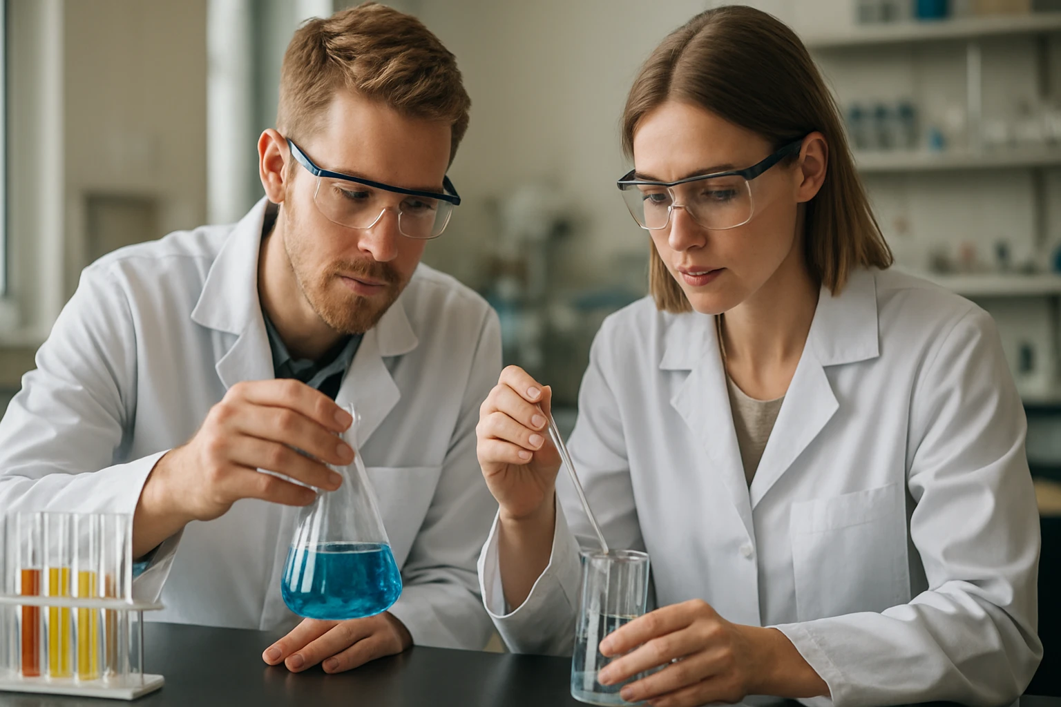 Két tudós laboratóriumban kémiai kísérletet végez pH indikátorral.