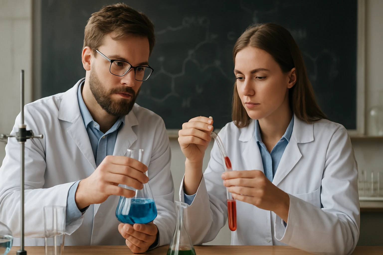 Laboratóriumi kísérletezők hexametilén-tetramin kutatás közben