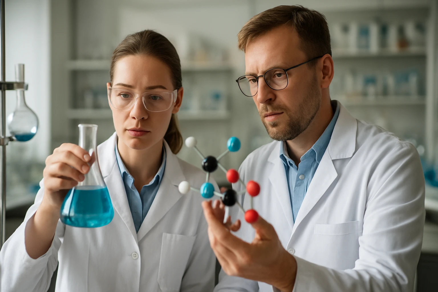 Kémikusok laboratóriumban hexamin és urotropin vizsgálata.