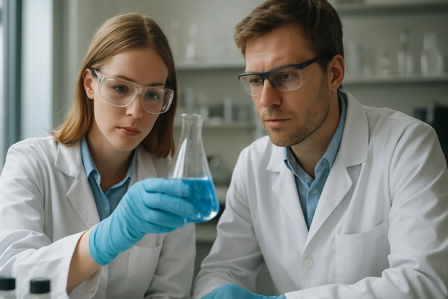 Két kutató laboratóriumi környezetben hexogén anyagot vizsgál