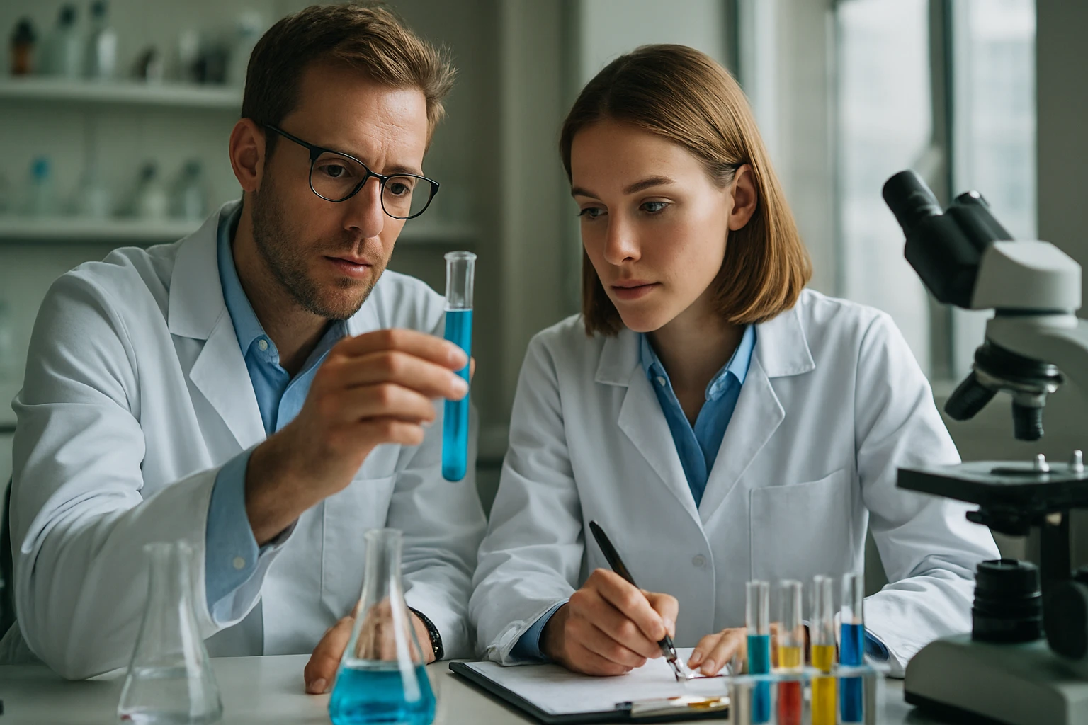 Két tudós laboratóriumi környezetben kémiai kísérletet végez.