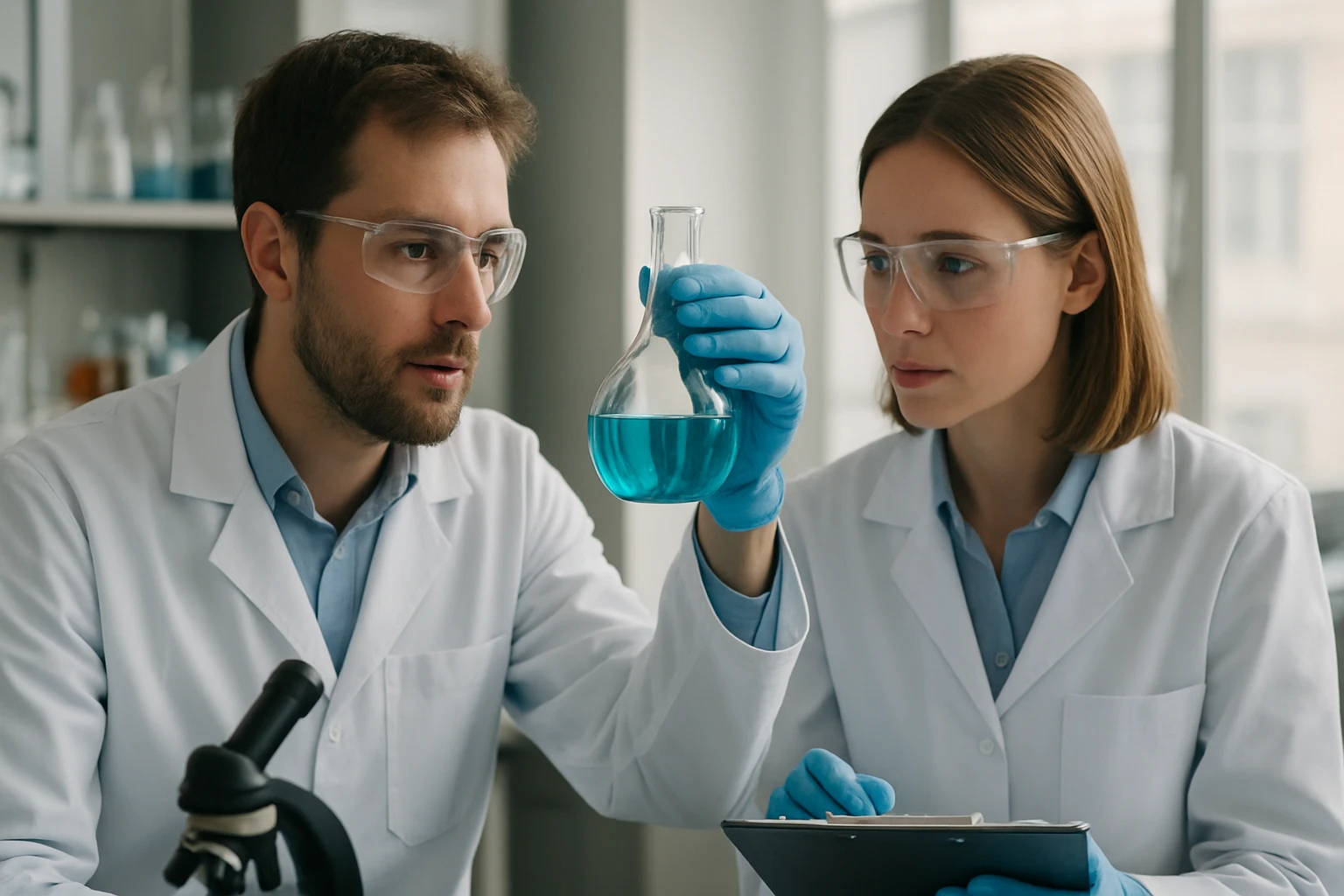 Két tudós vizsgál egy kémcsőben lévő kék folyadékot laboratóriumban.