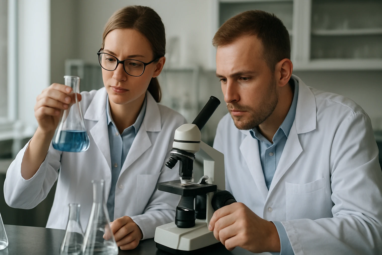 Két tudós laboratóriumban hidrogén-cianamid kutatása során